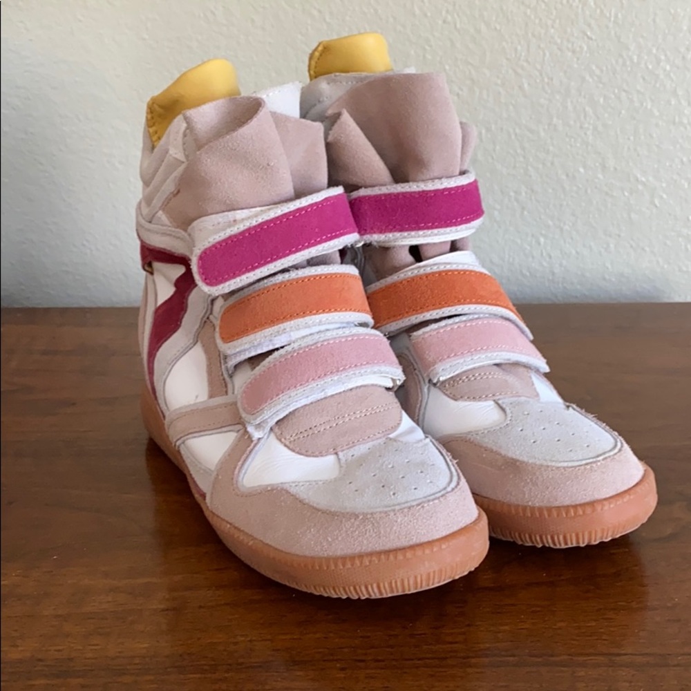 Rainbow inspired hidden wedge high top shoes SZ 40